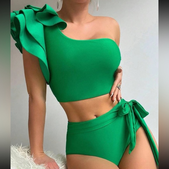 Black Swimsuit Swear wear Ruffle Trim One Shoulder Top High Waist Bottom - Picture 9 of 15